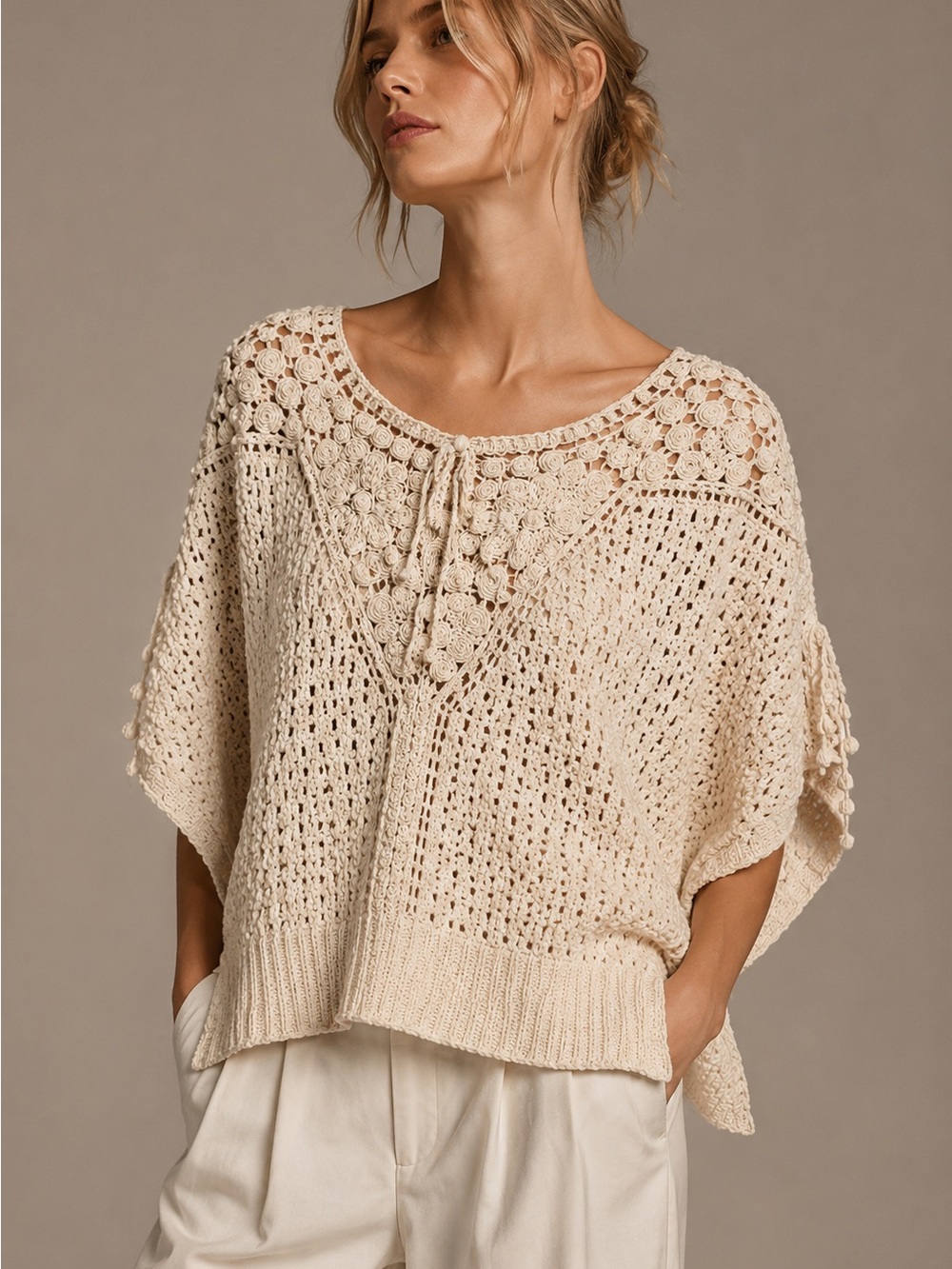 Anthropologie Rose Neutra Crochet Pullover Sweater Cream Ivory Boho M